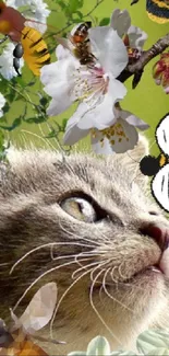 Cat and bees surrounded by flowers and greenery wallpaper.