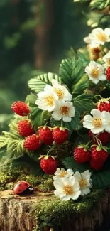 Ladybug on mossy stump with berries and flowers.