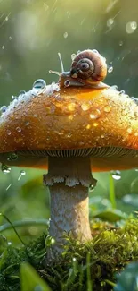 A snail sits atop a dewy mushroom in a lush, green setting.