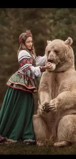 Woman in traditional dress with bear in a forest setting.