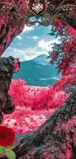 Surreal scene with heart-shaped frame through tree trunks.