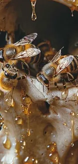 Bees collecting nectar with honey dripping.