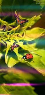 Vibrant nature wallpaper with butterflies and ladybug on green leaves.