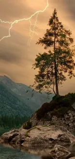 Solitary tree under lightning in a serene landscape.