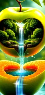 Surreal nature scene in a fruit with waterfall
