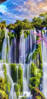 Majestic waterfall amidst lush green landscape under a vibrant sky.