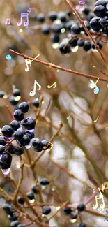 Dew-covered berries with colorful music notes on branches.