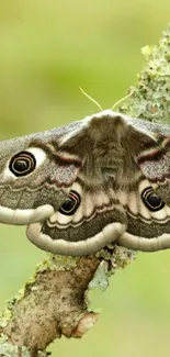 Close-up of a moth on a branch with intricate wing patterns.