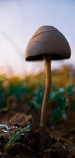 Close-up of a mushroom in a serene, natural setting with earthy tones.