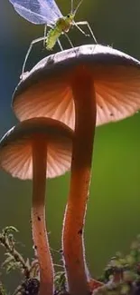 Close-up of delicate mushrooms in lush green surroundings.