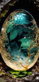 Mystical egg surrounded by organic leaves and roots, glowing in teal hues.