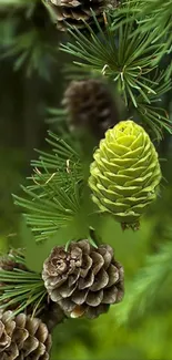 Vibrant green pine cone and branches mobile wallpaper.