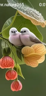 Two birds perched on flowers with a green background.