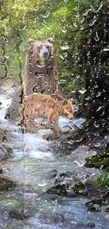 Bear and cub by stream in a forest, rainfall effect wallpaper.