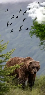 Majestic bear in lush green forest with birds soaring above, nature wallpaper.