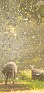 Raindrops on glass with sheep in misty meadow background.