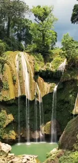 Scenic waterfall surrounded by lush greenery in a tranquil forest setting.