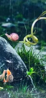 Snails in a serene green landscape on a rock.