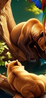 Two bears near a lake with a colorful parrot in a forest setting.