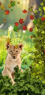 Lion cub peeks out in bright green forest scene.