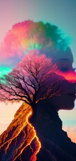 Artistic silhouette of a woman's profile blending with a colorful tree and volcanic landscape.