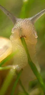 Close-up of a snail surrounded by green foliage, perfect for nature lovers.