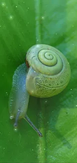 Close-up of a snail on a green leaf background with nature's calming vibe.