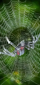 Robotic spider on intricate web with green forest background.