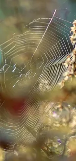 Detailed spiderweb with autumn hues on a nature-themed mobile wallpaper.