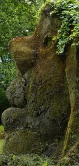 Stone sculpture covered in moss, amidst lush greenery.