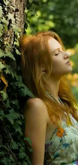 Tranquil woman leaning against a tree amidst lush greenery.