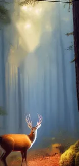 Majestic deer standing in a misty, serene forest scene with sunlight filtering through.