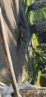 Crocodile resting in lush, green jungle setting.