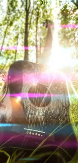 Acoustic guitar glowing in sunlight surrounded by green nature.