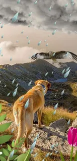 Dog on mountain with raindrops and flowers in scenic wallpaper.