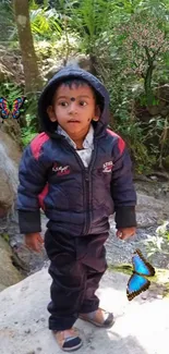 Young child exploring a lush forest with butterflies.