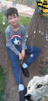 Young boy in blue jeans sitting on a tree with wolf and butterfly imagery.