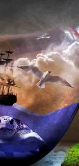 Surreal wallpaper with ship, seagull, and turtle over ocean and clouds.