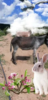 A serene nature scene with a rabbit, donkey, and seagull under a blue sky.