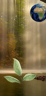 Nature wallpaper with a waterfall, leaves, and a globe.