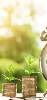 Clock and coins with plants on green backdrop.