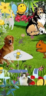 Colorful cartoon wallpaper with pets and vibrant nature elements.