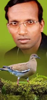 Portrait and bird on green background, unique phone wallpaper design.