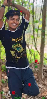 Young person smiling amidst green forest with red roses.