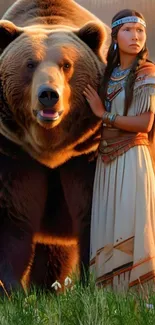 Woman standing with a bear, immersed in nature.