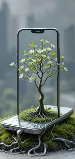 Smartphone with blooming tree growing through it in urban setting.