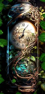 Vintage clock entwined with green leaves in an artistic wallpaper.