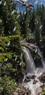 A stunning waterfall with an eagle flying over a dense, verdant forest.