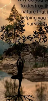 Yoga silhouette with tree reflection on a tranquil lake under stormy skies.