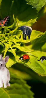 Green leaves with rabbit, elephant, cat, butterfly, and ladybug.